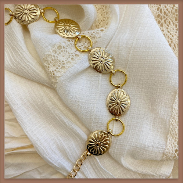 Fiore Desenli Gold Plaka Zincir Kemer