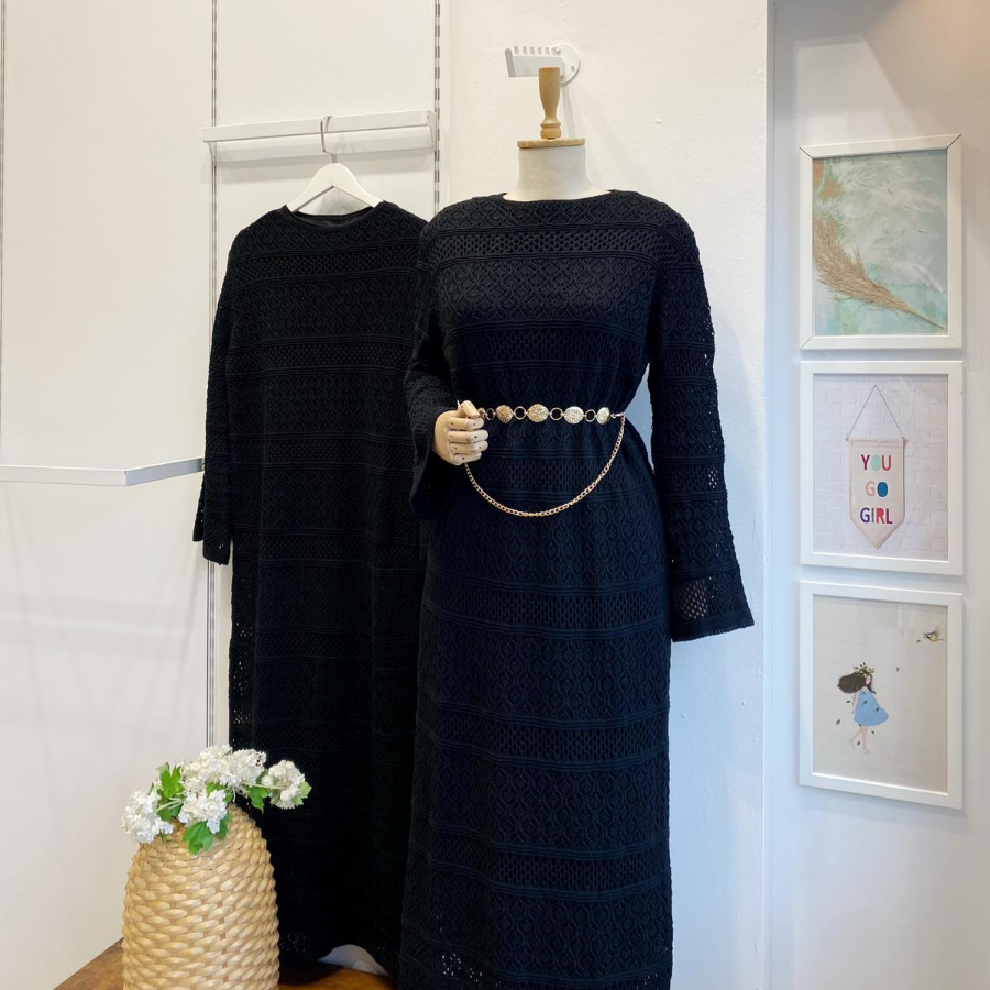 Siyah Loops Örme Triko Elbise