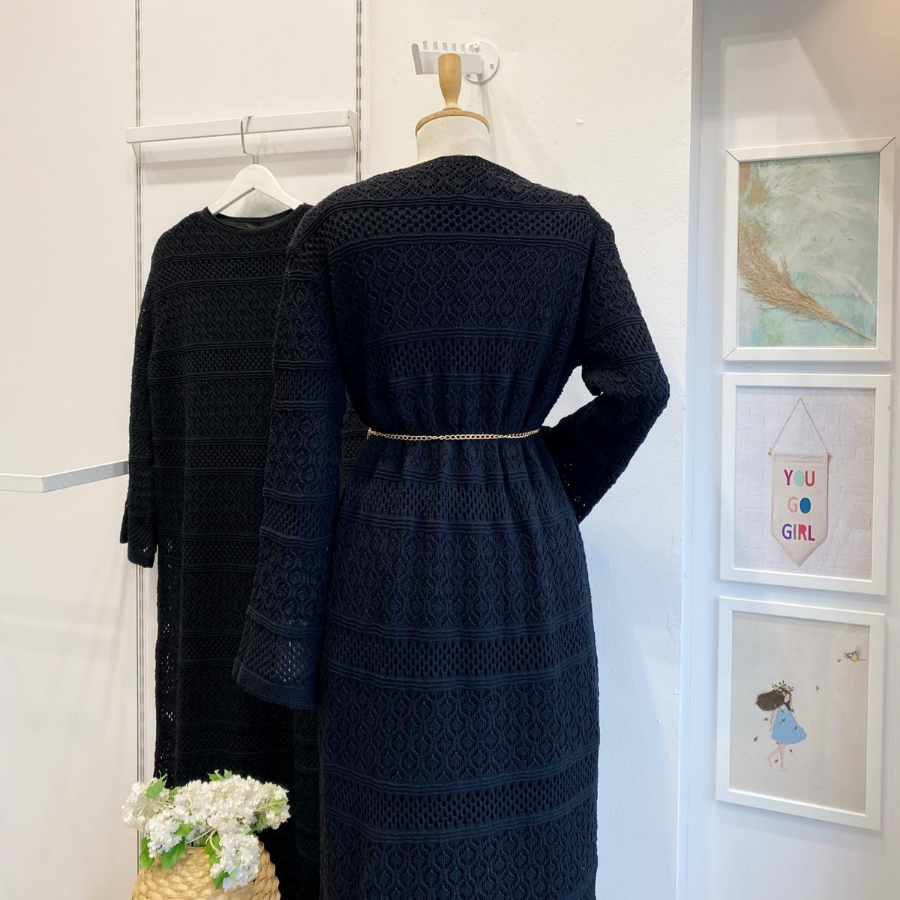 Siyah Loops Örme Triko Elbise