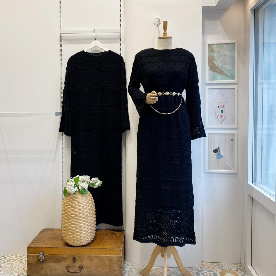 Siyah Loops Örme Triko Elbise