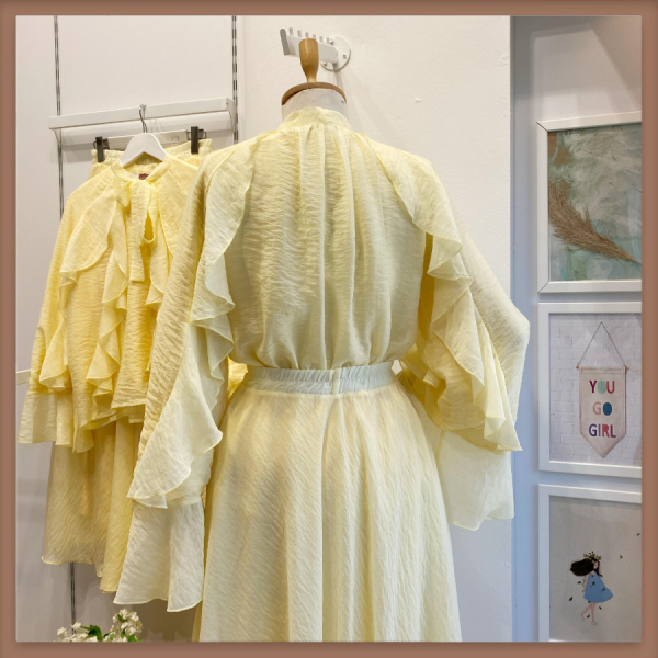 Sarı İspanyol Kol Mimosa Şifon Takım