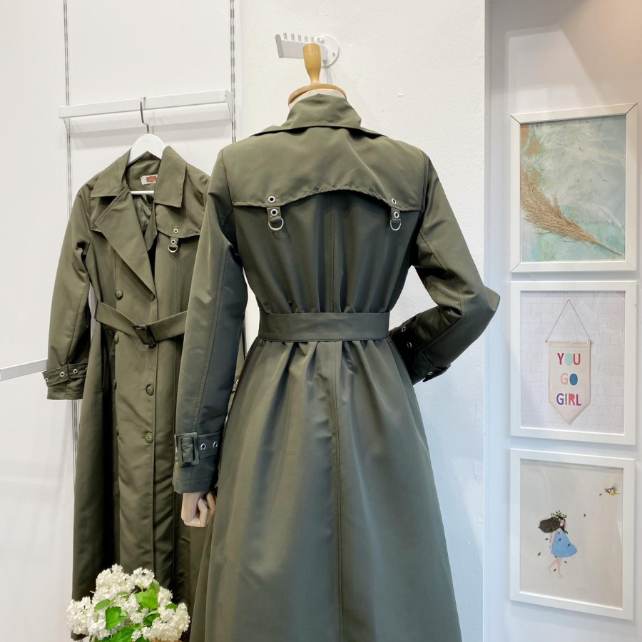 Haki Yeşili Zımba Detaylı Serein Trençkot