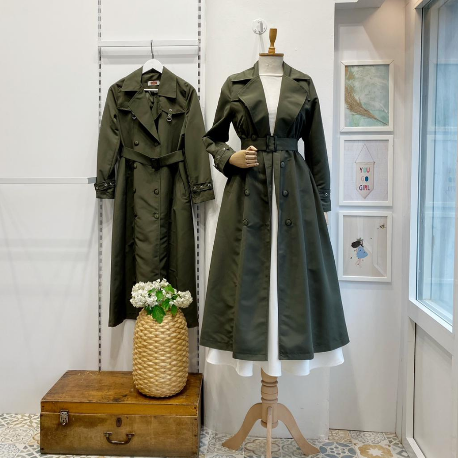 Haki Yeşili Zımba Detaylı Serein Trençkot