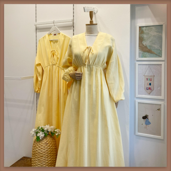 Sarı Müslin Kumaş Matin Elbise