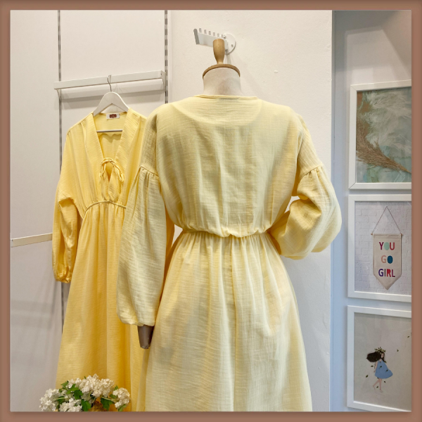 Sarı Müslin Kumaş Matin Elbise