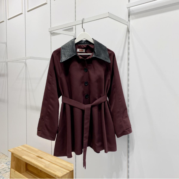 Bordo Deri Yakalı Kuşaklı Ceket