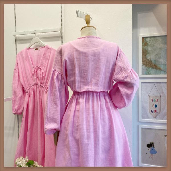 Şeker Pembe Müslin Kumaş Matin Elbise