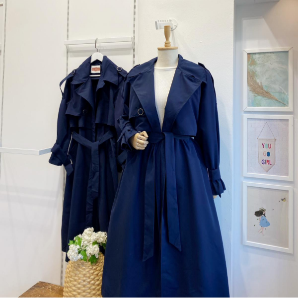 Lacivert Düğme Detaylı Oversize Trençkot