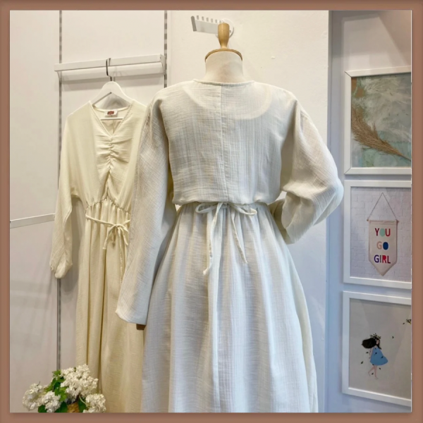 Krem Blush Cloud Müslin Elbise