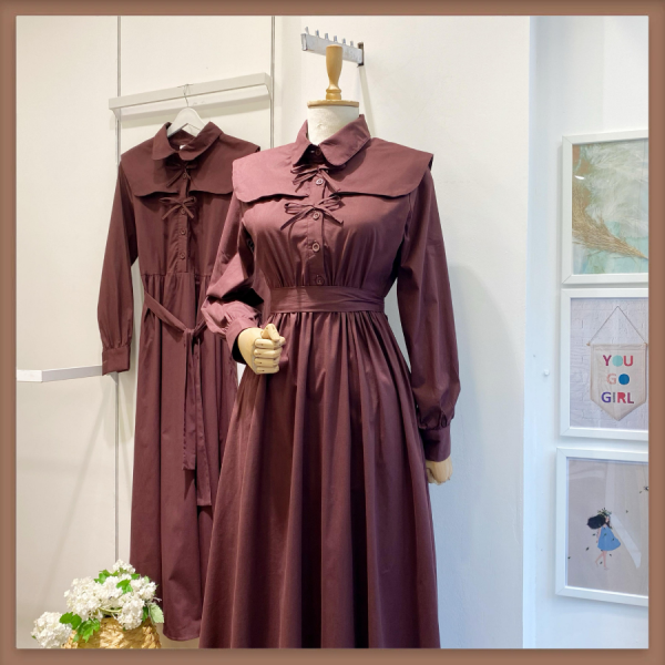 Perhanon Bağcıklı Mürdüm Poplin Elbise