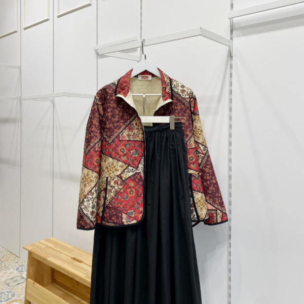 Fermuarlı Kırmızı Patchwork Desenli Kapitone Ceket