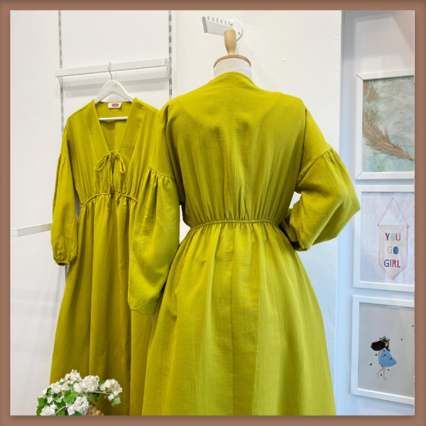 Yağ Yeşili Müslin Kumaş Matin Elbise