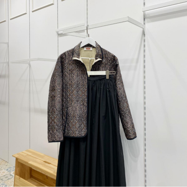 Fermuarlı Gri Etnik Desenli Kapitone Ceket