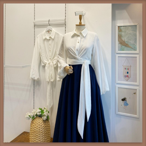 Beyaz Gofre Kuşaklı Gömlek