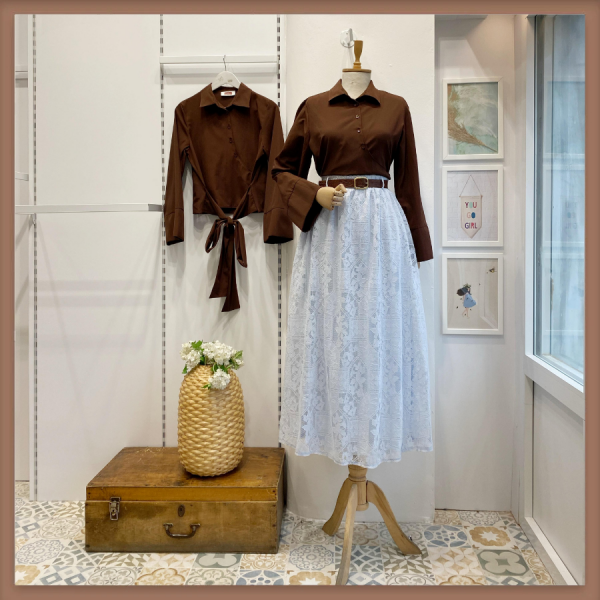 Kemerli Dantel Douze Buz Mavisi Etek