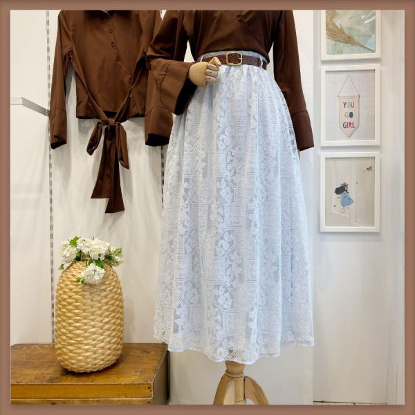 Kemerli Dantel Douze Buz Mavisi Etek