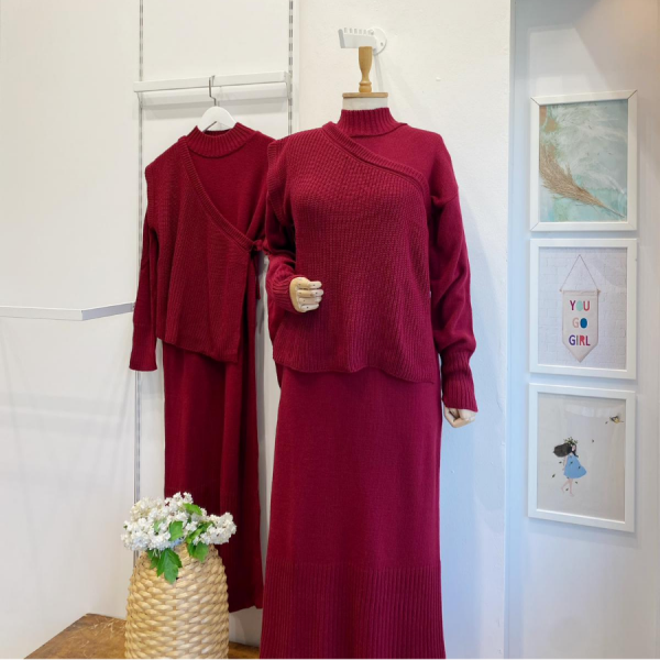 Bordo Süveterli Triko Elbise