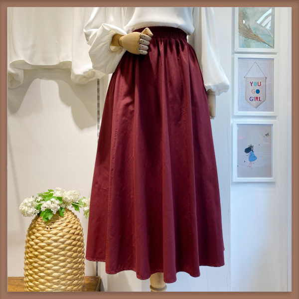 Bordo Beli Lastikli Poplin Etek