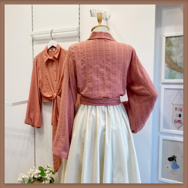 Nar Çiçeği Gofre Kuşaklı Gömlek