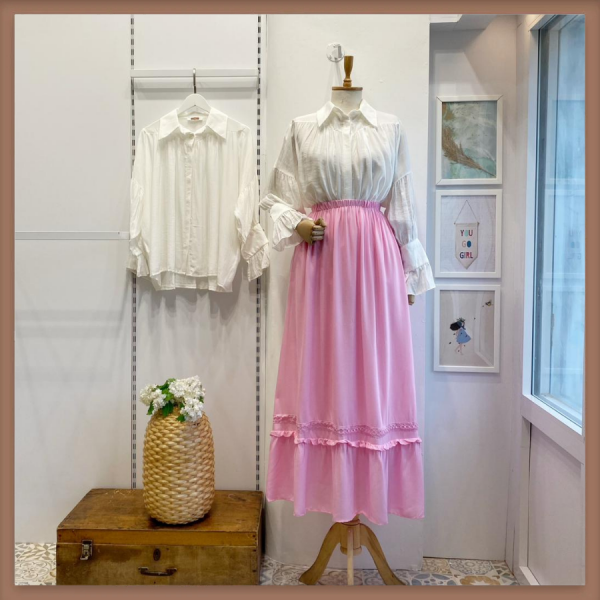 Pembe Fırfır Biyeli Keten Etek