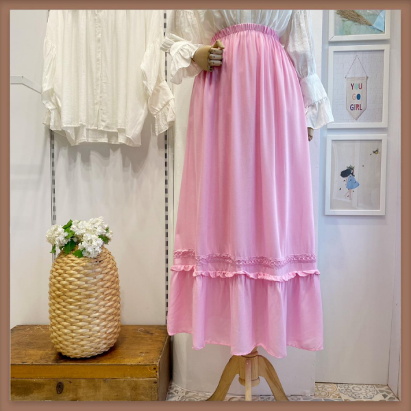 Pembe Fırfır Biyeli Keten Etek