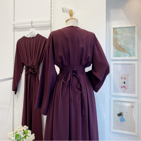 Bel Detaylı Bordo Alize Elbise