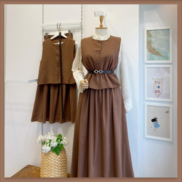 Clarian Keten Kahverengi Yelekli Takım