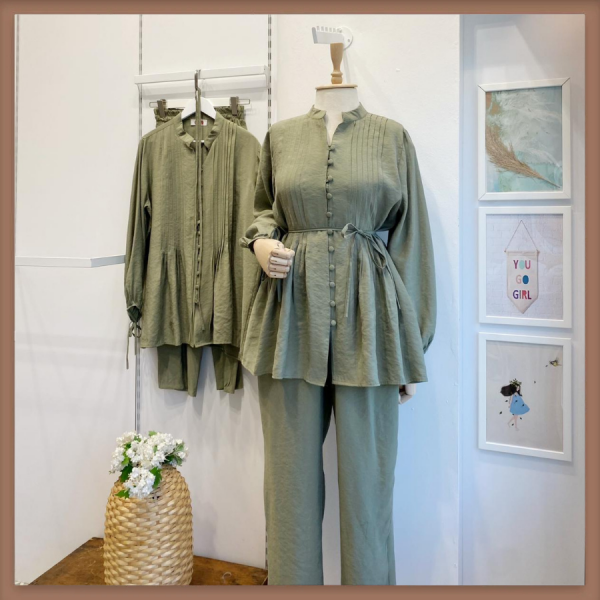 Haki Yeşili Nervürlü Pantolon Takım