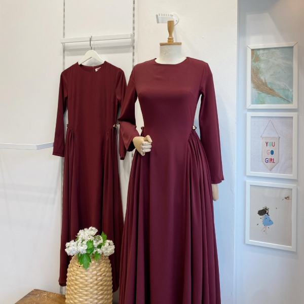 Bordo Bel Detaylı Hira Elbise