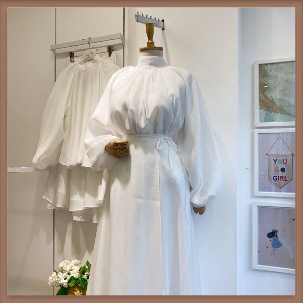 Dalgalı Şifon Kumaş Beyaz Balon Kol Takım