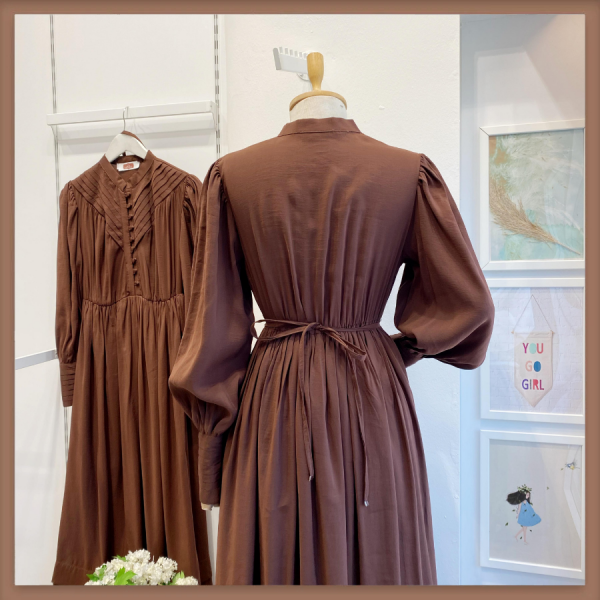 Kahverengi Elegance Nervür Dikişli Modal Elbise