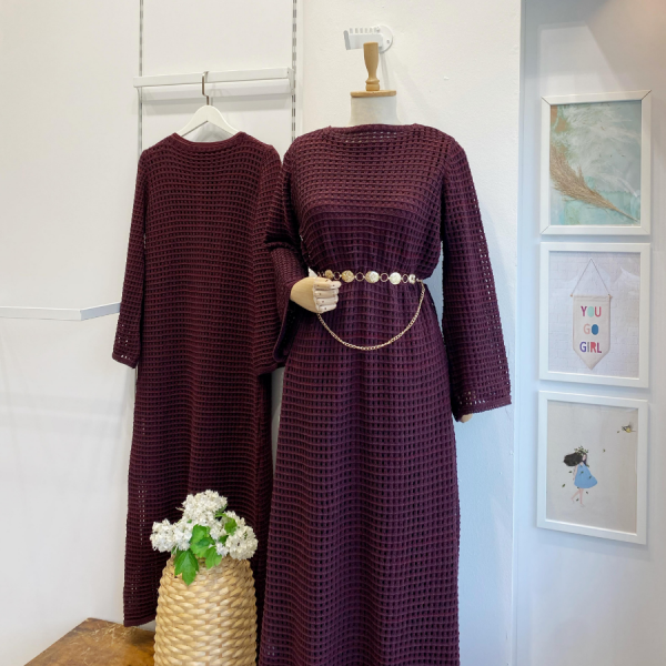Bordo Cheri Örme Triko Elbise