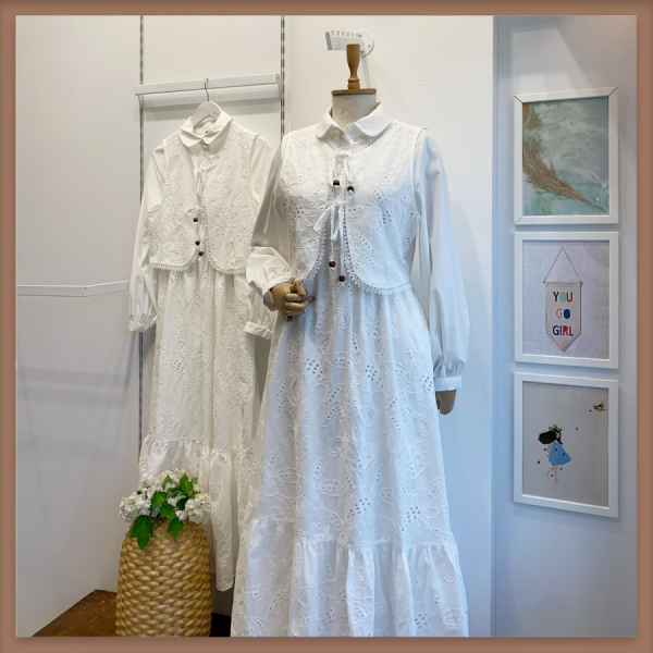 Beyaz Brode Yelekli Elbise