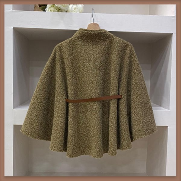 Hardal sarısı deri kemerli yün pelerin ceket