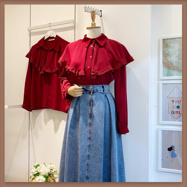 Bordo fisto şeritli pelerin detaylı gömlek