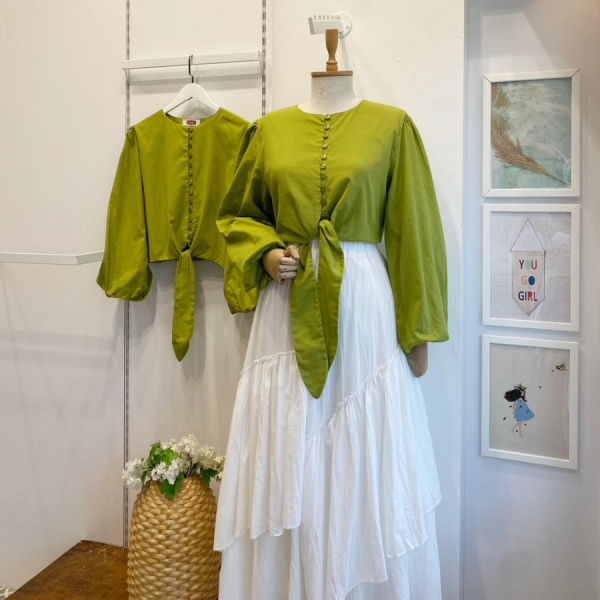 Yağ Yeşili Bağlamalı Balon Kol Gömlek