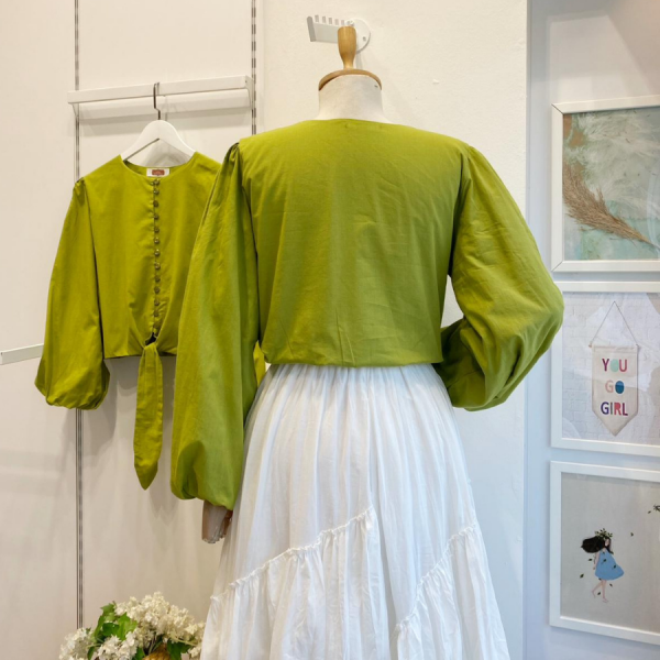 Yağ Yeşili Bağlamalı Balon Kol Gömlek