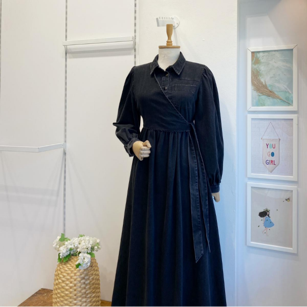 Siyah Crop Detaylı Kot Elbise