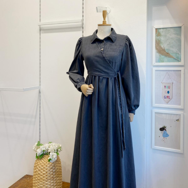 Antrasit Crop Detaylı Kot Elbise