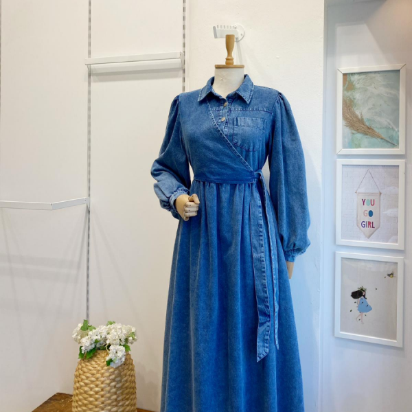 Buz Mavisi Crop Detaylı Kot Elbise