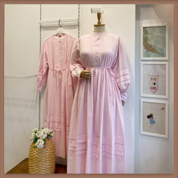 Vual Keten Pembe Nervür Dikişli Elbise