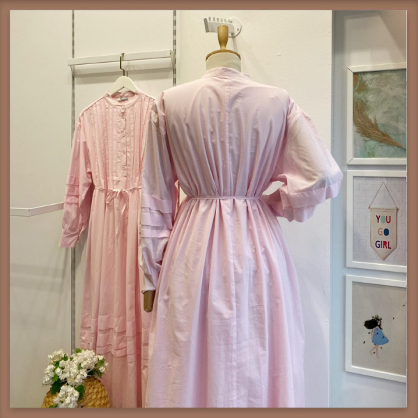 Vual Keten Pembe Nervür Dikişli Elbise