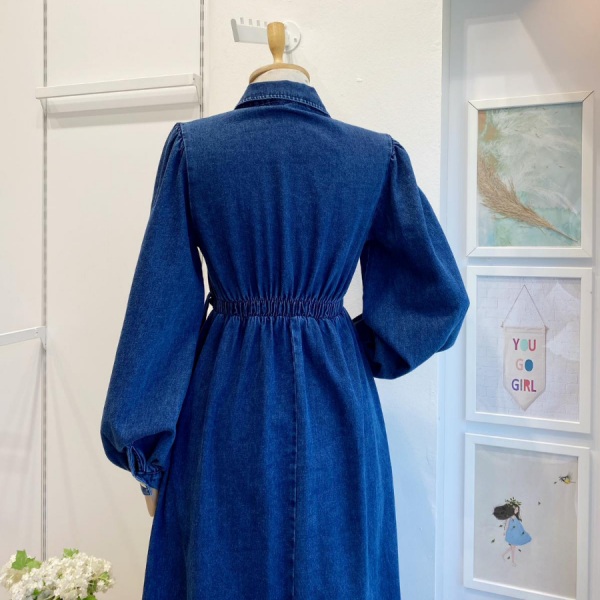 Lacivert Crop Detaylı Kot Elbise