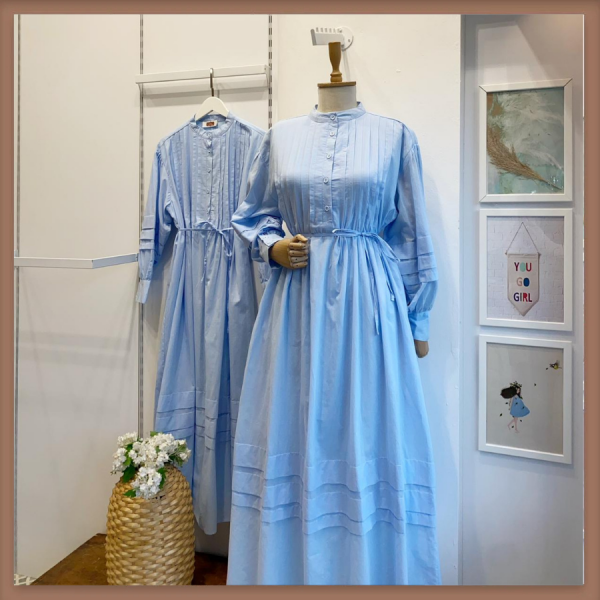 Vual Keten Mavi Nervür Dikişli Elbise