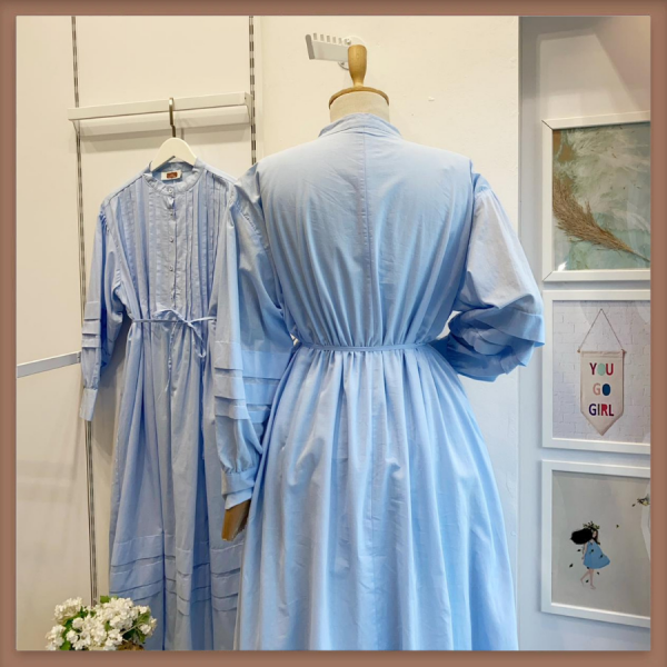 Vual Keten Mavi Nervür Dikişli Elbise