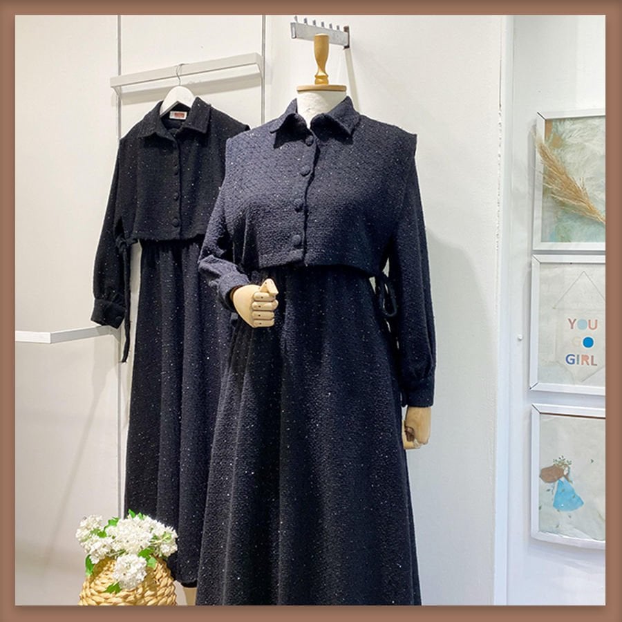 Simli tüvit kumaş siyah chaleco elbise