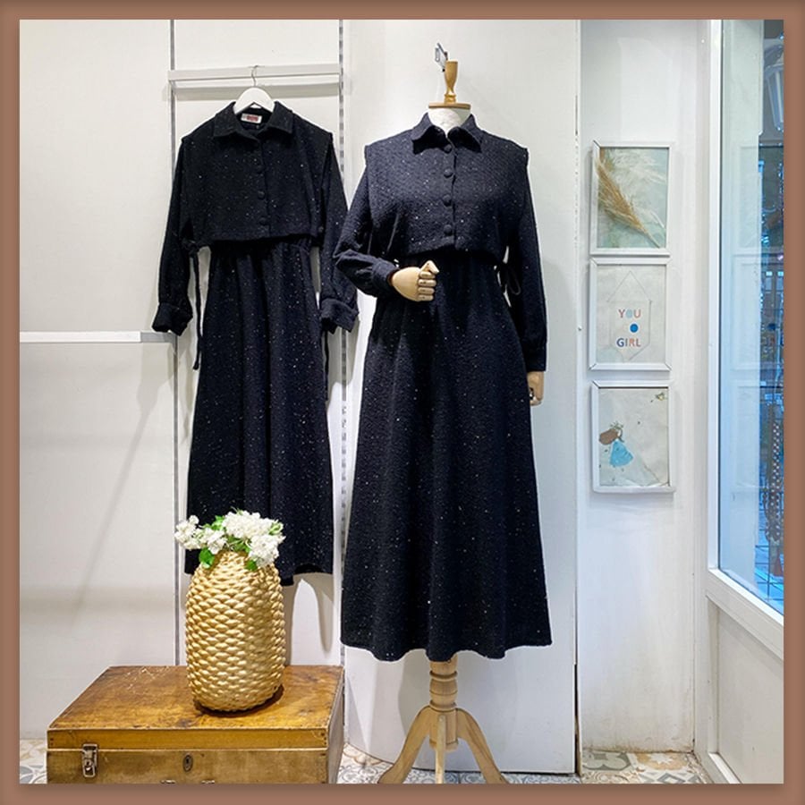 Simli tüvit kumaş siyah chaleco elbise