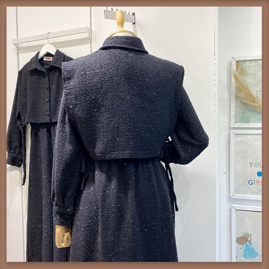 Simli tüvit kumaş siyah chaleco elbise