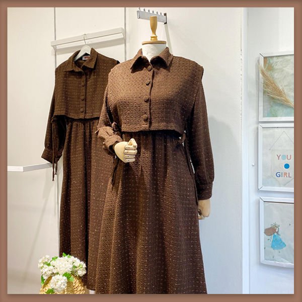 Simli tüvit kumaş kahverengi chaleco elbise