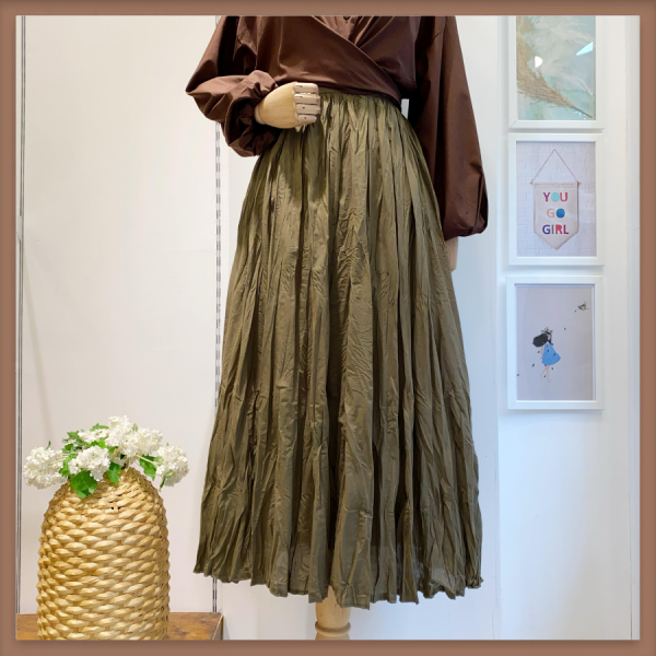 Kırışık Keten Haki Yeşili Etek
